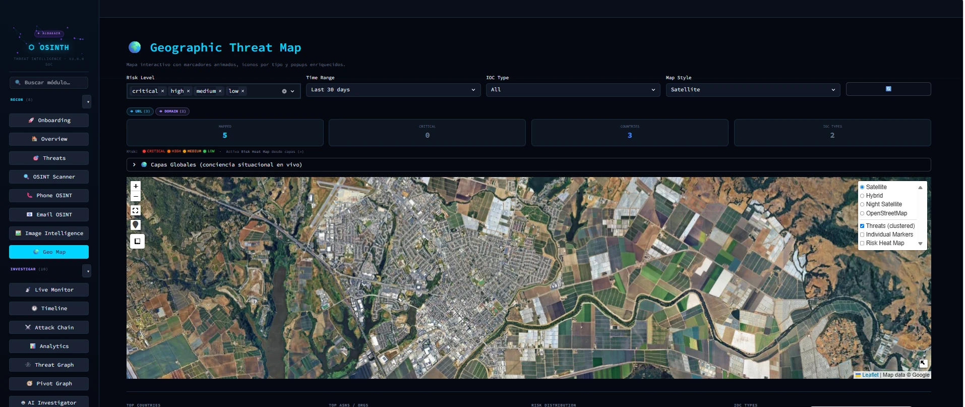 Geographic Threat Map — vista satelital con amenazas mapeadas por país