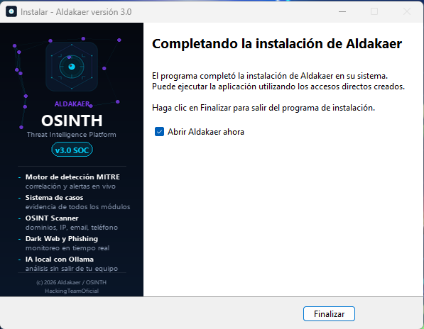 Instalador de Aldakaer versión 3.0 — pantalla final con resumen de features