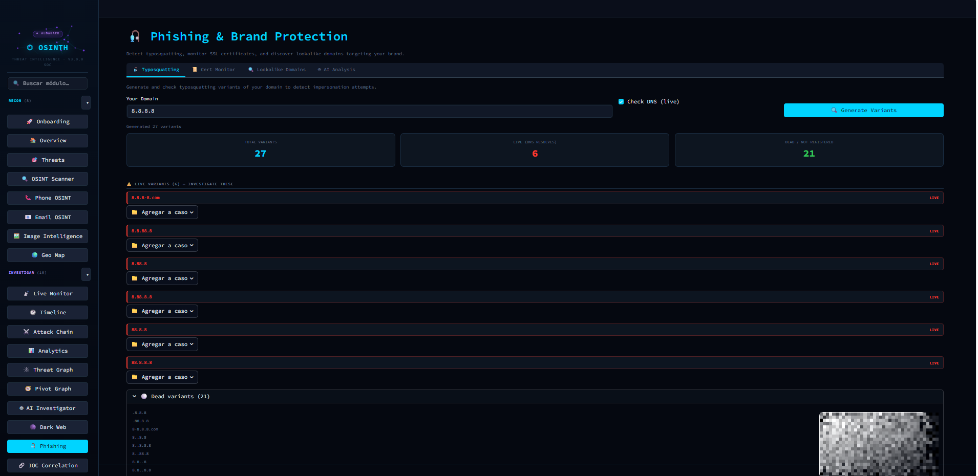 Phishing & Brand Protection — generación y chequeo en vivo de variantes de typosquatting